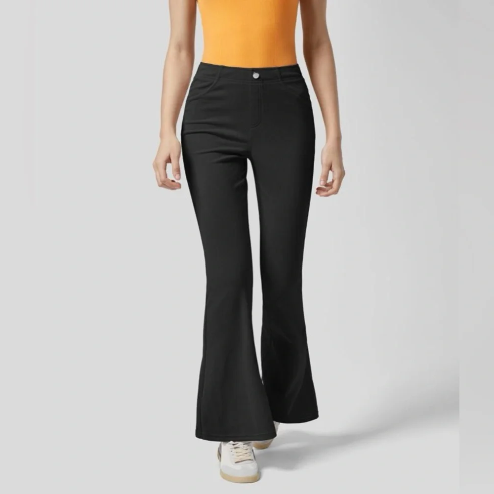 Halara Black Ribbed Mid Rise Multiple Pockets Solid Casual‎ Flare Pants | NEW!!